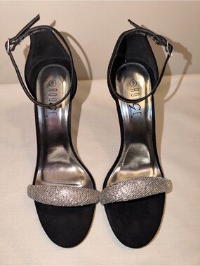 Black Open-Toe Ankle-Strap Heels with Sparkling Front Band
